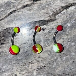 3 Belly Button Ring Set Red Green/Yellow